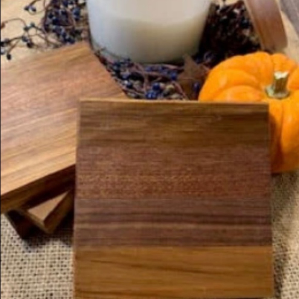 Set of 4 Handmade in Maine Wooden Drink Coasters, Teak Sapele and Black Walnut